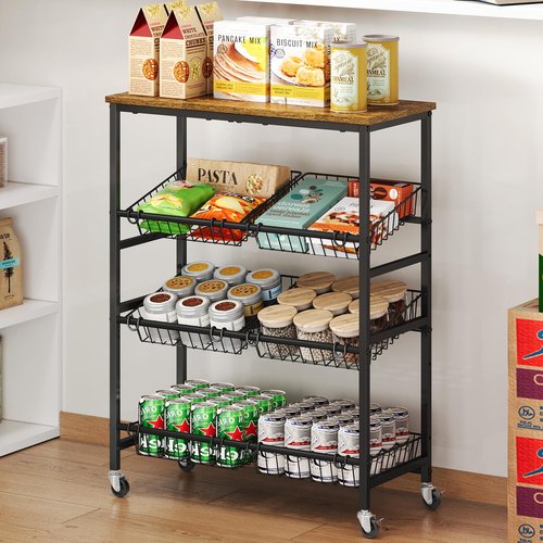 4-Tier Rolling Kitchen Storage Cart, Utility Kitchen Pantry Snack Organizer Cart with Wheels, Microwave Stand with Storage Shelf for Snack Fruit Vegetable Potato Onion, 6 Wire Basket and Wood Tabletop