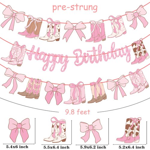 Coquette Cowgirl Birthday Banners Western Cowgirls Decorations 3PCS Boots and Bows Banner Glitter Pink Coquette Bows Birthday Decor for Girls Western Theme Baby Shower Supplies