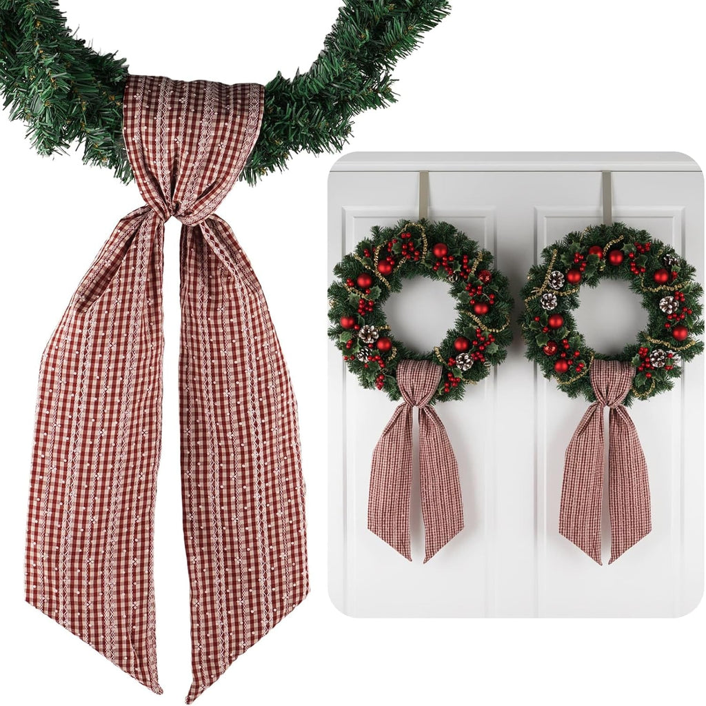 Regine Switzerland 2 Pack Jacquard Plaid Wreath Sashes - Red & Beige | 5.12" x 54.33" Holiday Decor