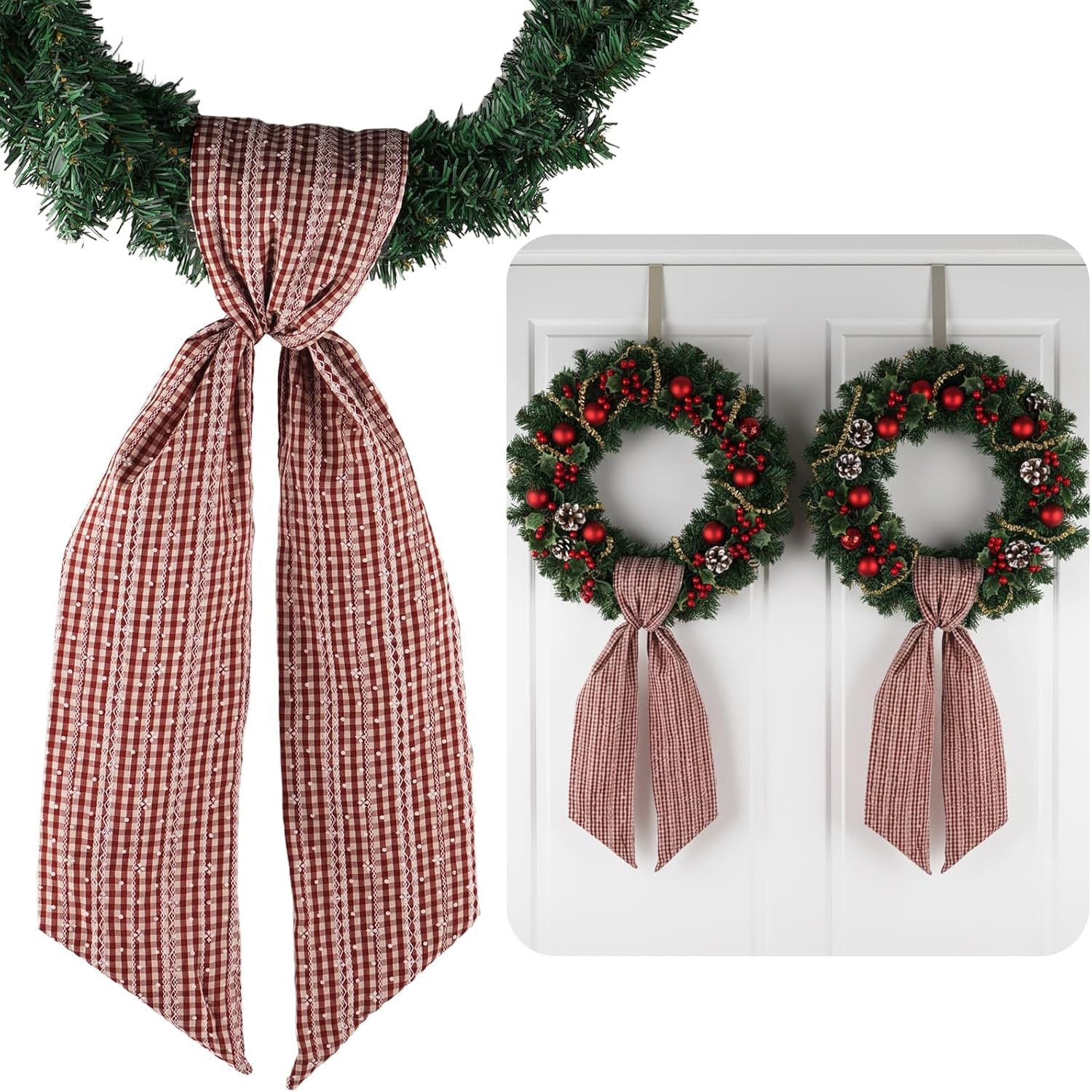 Regine Switzerland 2 Pack Jacquard Plaid Wreath Sashes - Red & Beige | 5.12" x 54.33" Holiday Decor