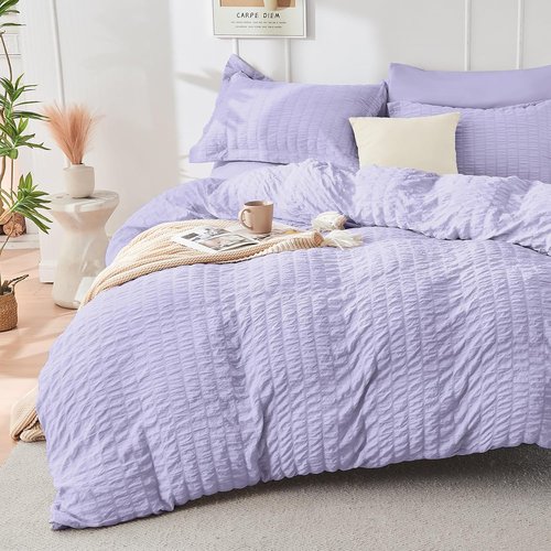 HYMOKEGE Comforter Set - Light Purple Seersucker 7-Piece Luxury Bedding | All-Season Bed in a Bag