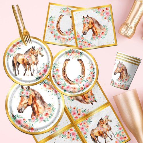 Cowgirl Birthday Party Decorations Tableware Set, Horse Party Supplies Includes Plates, Napkins, Cups, Banner, Hanging Swirl, Tablecloth, Cake Topper, for Girl Birthday Decorations, Serve 24