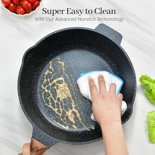MOJIRE Deep Frying Pan Nonstick with Lid and Spatula, 12 inch / 5.5 Quart Saute Pan, Non Stick Granite Stir-Fry Chef Skillet with Scrub Sponge, Gas Induction Stovetops Compatible