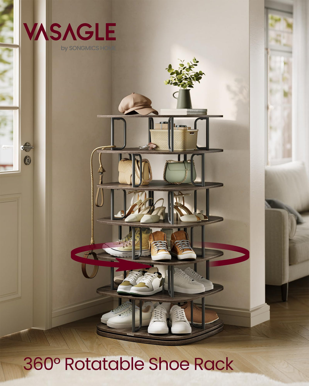 VASAGLE 7-Tier Shoe Rack, Rotating Shoe Rack Tower, Shoe Closet Organizer, Shoe Shelf, 28-35 Pairs, 23.6 x 23.6 x 47.2 Inches, for Entryway, Living Room, Closet, Ink Black and Ash Brown ULBS041B01