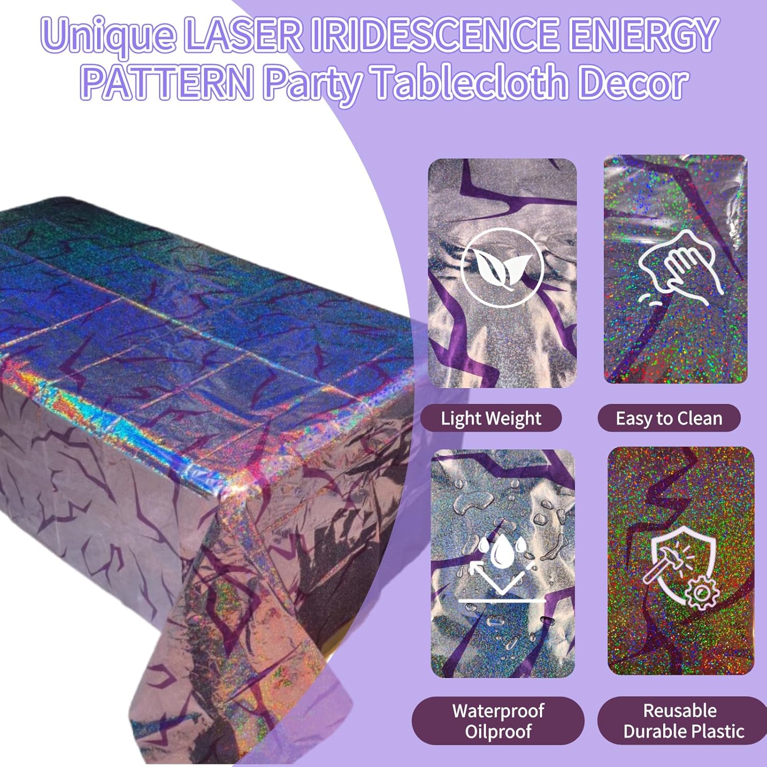 Skiennix Holographic Tablecloth - 54x108 Inch Purple Lightning Bolt | Waterproof Disposable Cover for Kpop Birthday Party