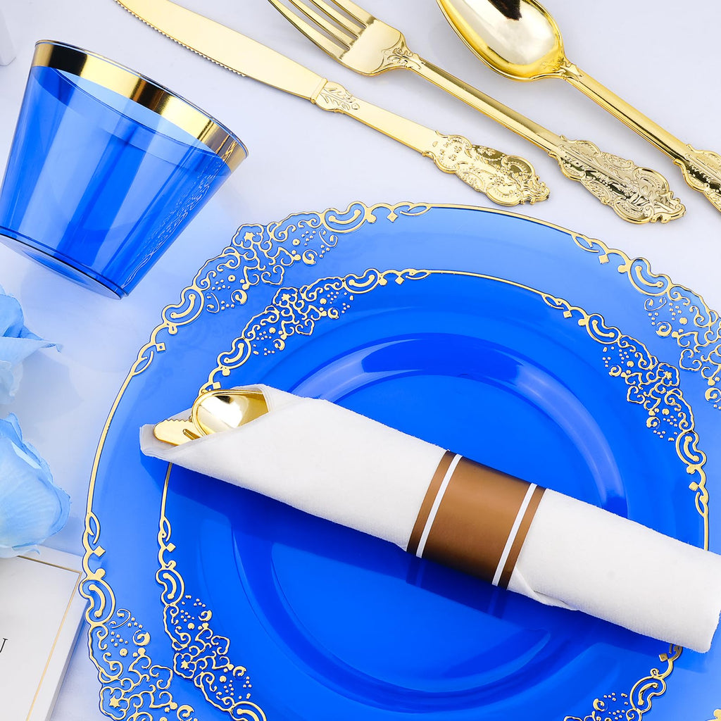 Bestluck 350 PCS Blue and Gold Plastic Plates, Disposable Dinnerware Set for 50 Guests, 100 Disposable Plates, 150 Silverwares, 50 Cups, 50 Napkins for Wedding, Party, Graduation