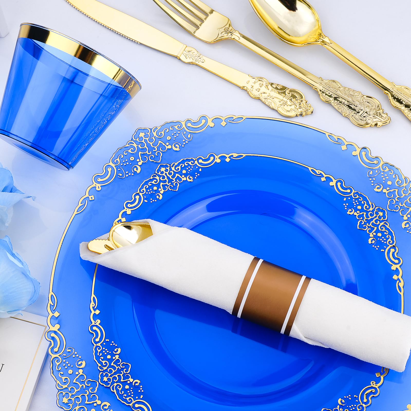Bestluck 350 PCS Blue and Gold Plastic Plates, Disposable Dinnerware Set for 50 Guests, 100 Disposable Plates, 150 Silverwares, 50 Cups, 50 Napkins for Wedding, Party, Graduation