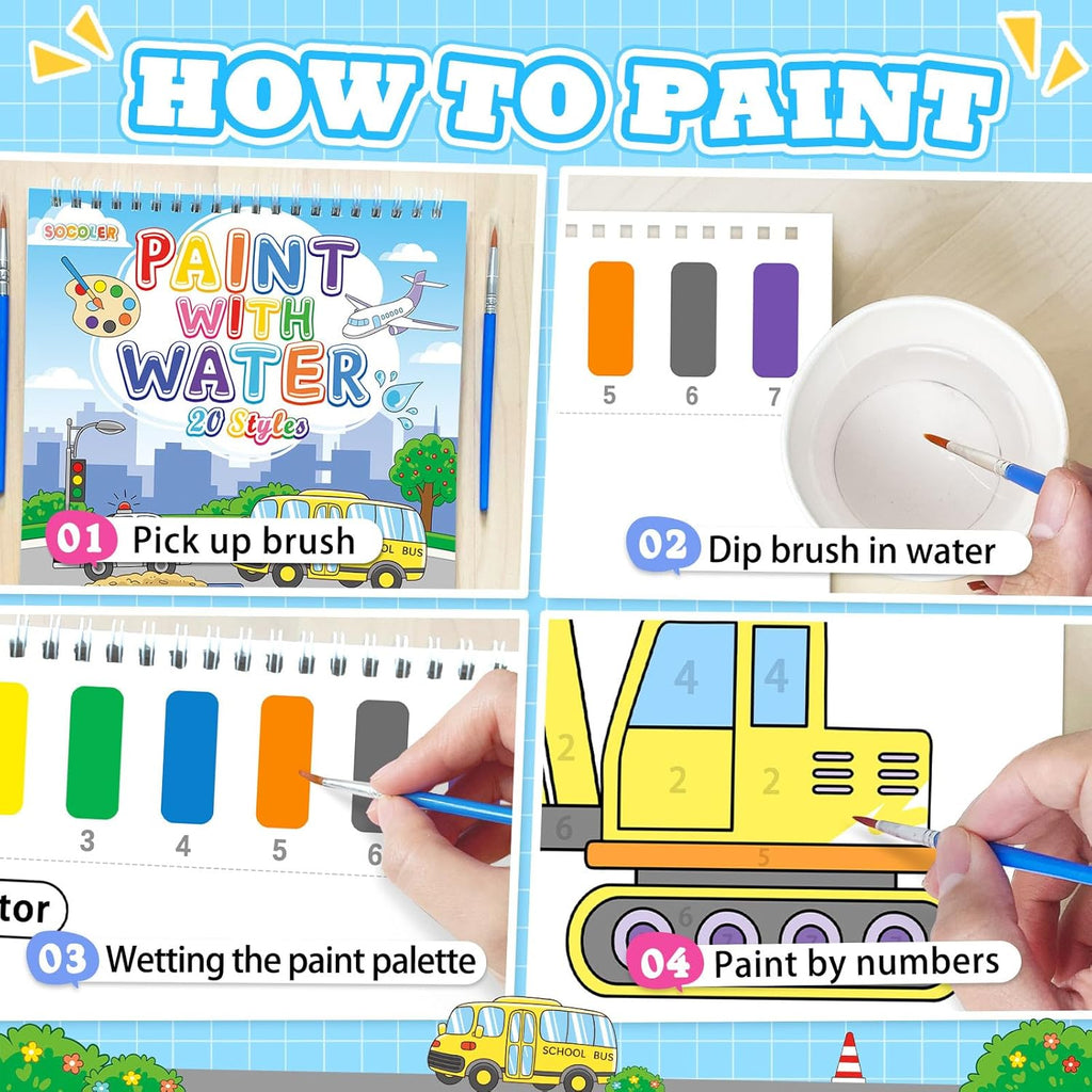 SOCOLER Watercolor Painting Kit - Mess-Free Traffic Theme Art Books for Toddlers Ages 1-8