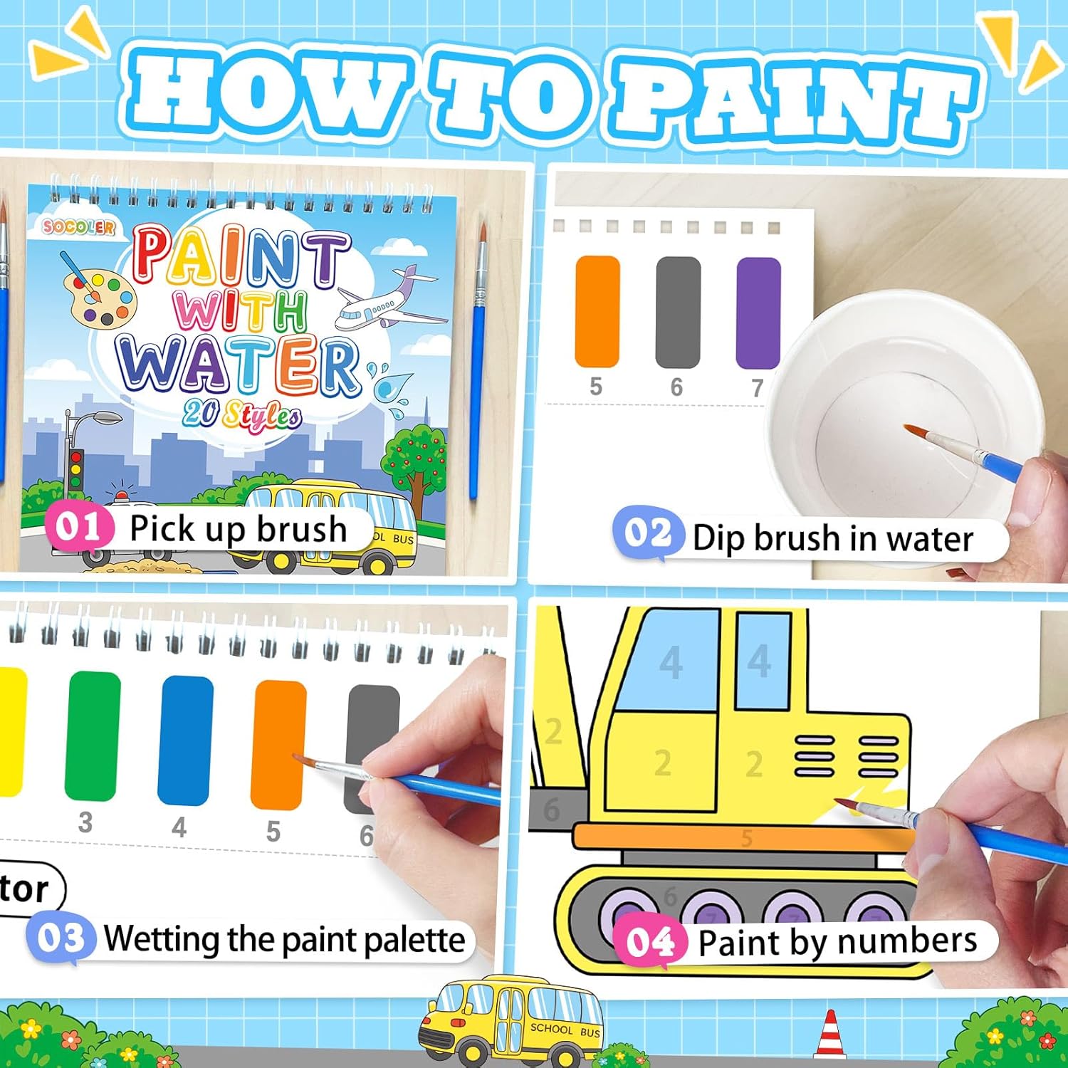 SOCOLER Watercolor Painting Kit - Mess-Free Traffic Theme Art Books for Toddlers Ages 1-8