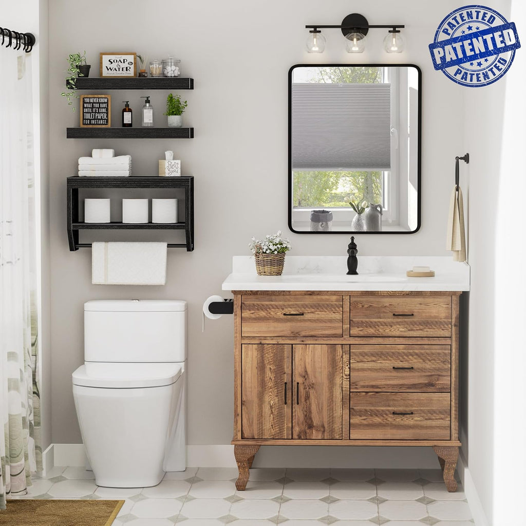 QEEIG Floating Bathroom Shelves - Stylish Wall Storage for Toilet Paper | Set of 3, 16 Inch, Black