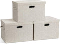Graciadeco Large Collapsible Storage Bins - Stackable Beige Linen Fabric Boxes | 3-Pack (16.6 x 11.7 x 10.8)