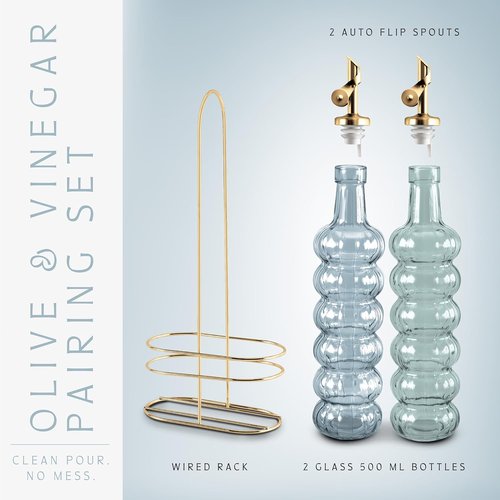 COOK WITH COLOR Glass Olive Oil Bottle Dispenser - 17oz Cruet Set for Oil & Vinegar - Elegant Blue Waves