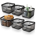 MorningRo 6 Pack Metal Mesh Basket with Hollow Handles Black Wire Storage Bin for Organizing Stackable Metal Fine Mesh Basket for Pantry Bathroom Kitchen Cabinets Shelves (Medium)
