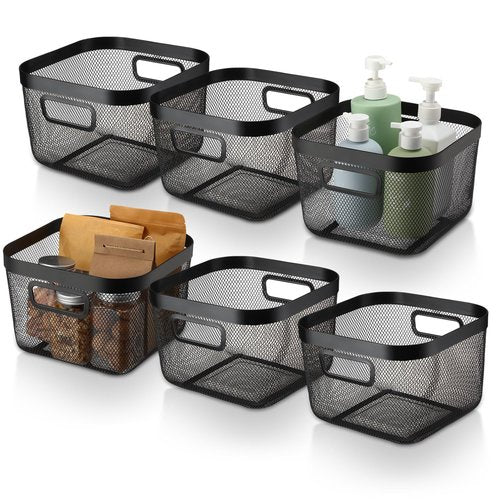 MorningRo 6 Pack Metal Mesh Basket with Hollow Handles Black Wire Storage Bin for Organizing Stackable Metal Fine Mesh Basket for Pantry Bathroom Kitchen Cabinets Shelves (Medium)