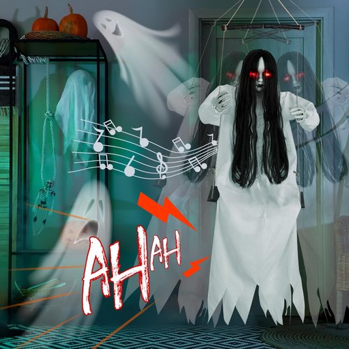 Halloween Decorations Outdoor, Scary Hanging Swinging Girl Props Sound & Slap Activated with Creepy Sound Expressions Light Up Eyes, Halloween Outside Ghosts for Haunted House Yard Lawn Decor