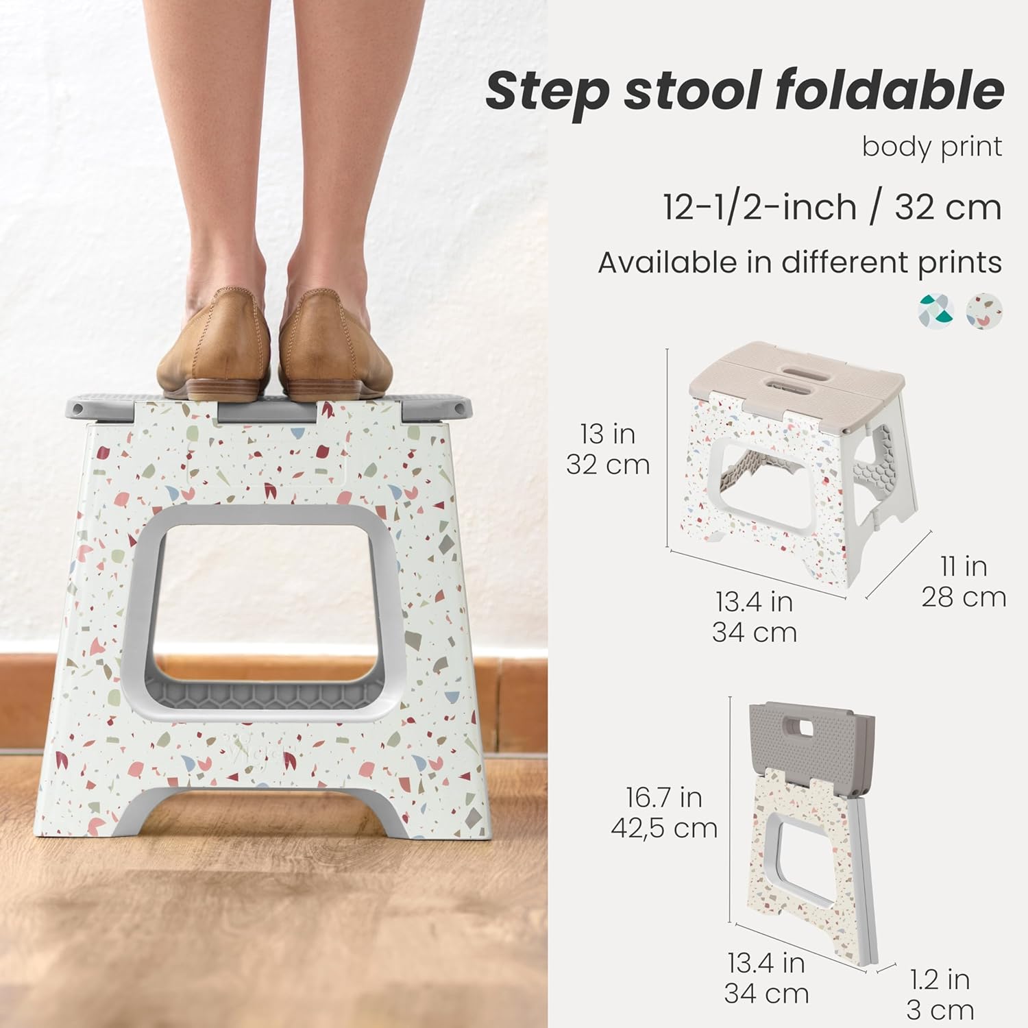 Vigar Foldable Step Stool - Lightweight Non-Slip Design for Adults | 12.5-Inch Grey Terrazzo Pattern, Supports 330 lbs