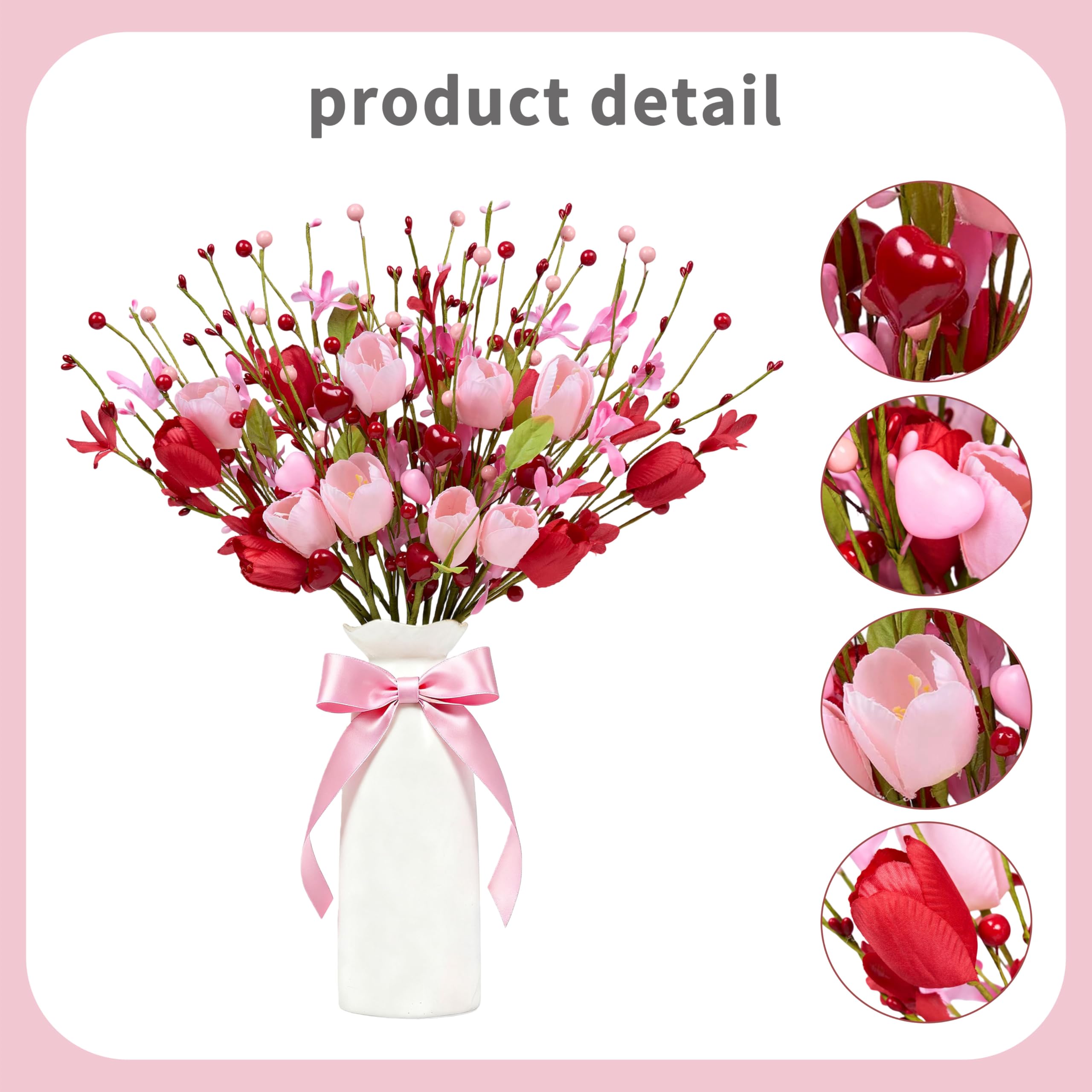 WSTPUPU Valentine's Day Gifts 12 Pack Artifcial Valentine Decorations 17 Inch Valentines Day Pink Picks with Red Tulip Pink Love Heart Berries for Valentine Wedding Anniversary Party Decor