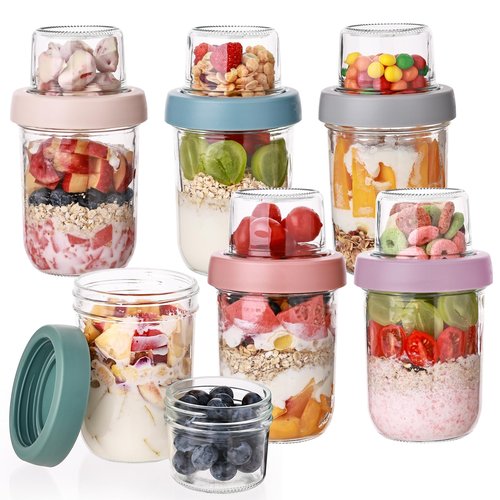 Wells 6 Pack Overnight Oats Containers with Lids, 16 OZ Dual Layer Yogurt Containers with Dry and Wet Separation, Airtight Leak Proof Oatmeal Jar for Chia Pudding, Breakfast, Cereal