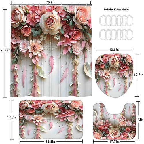 DDQQ Pink Flower Bathroom Shower Curtain Set, Romantic and Cute Rose Floral Polyester Bathroom Decor Set with Shower Curtain and Rugs and Accessories