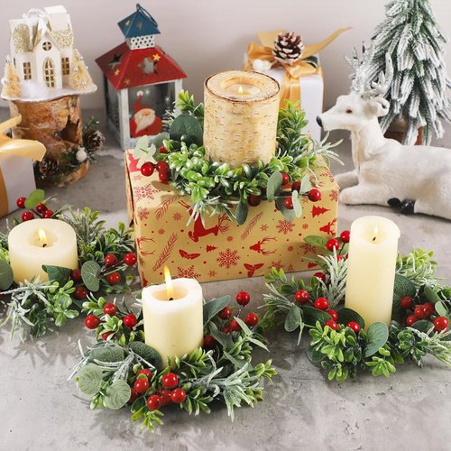 Daifunli Christmas Candle Rings - 8 Pcs 6-Inch Wreath Holders with Artificial Red Berries | Festive Table Decor