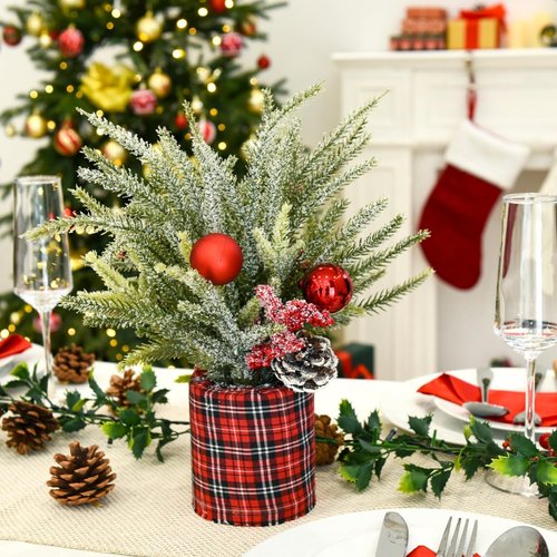 Buffalo Check | 2 Pack Small Christmas Trees - Festive Centerpiece Decor with Pine Cones & Berries