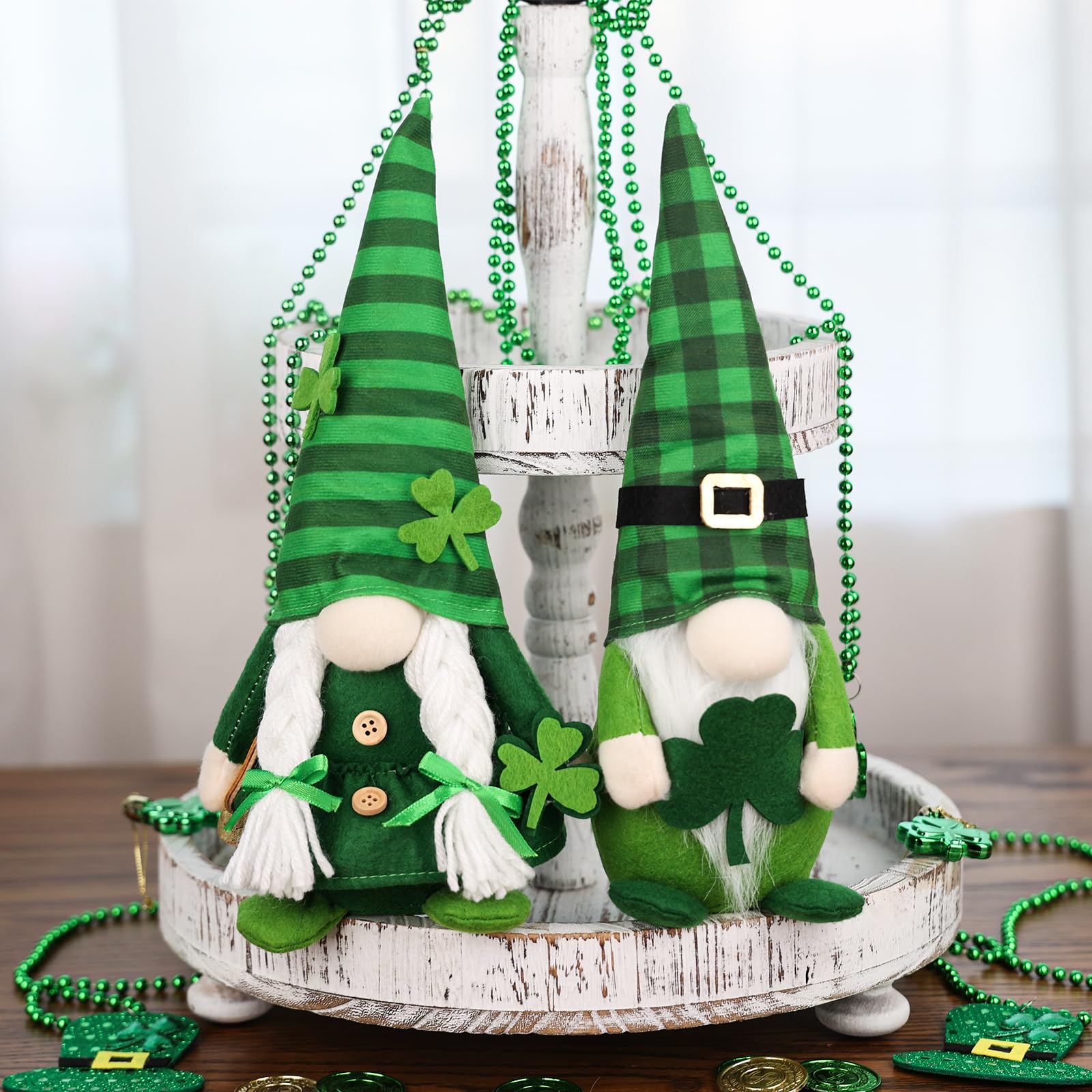 St. Patrick's Day Decor, 2 Pcs Shamrock Gnomes Plush Handmade Green Irish Gnome Scandinavian Tomte Leprechaun Home Table Centerpiece, Office Irish Gifts
