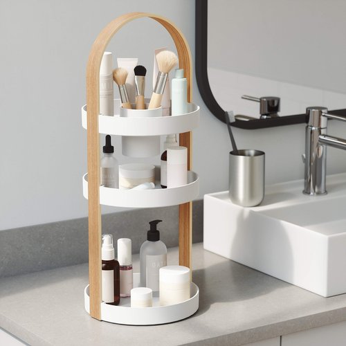 Umbra Bellwood Caddy, Organizer for Makeup and Cosmetics, Durable Rotating Container with Wooden Handle, Large, White/Natural