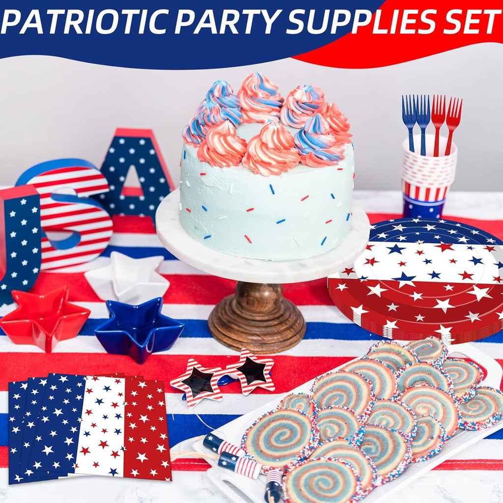 Regine Switzerland 100 Pcs Patriotic Party Supplies Set - Disposable Red, White & Blue Tableware for 25 Guests | Perfect for 4th of July & Memorial Day Celebrations