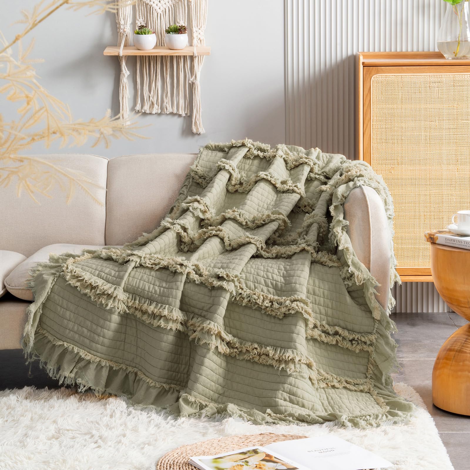 Ultra Soft Pre-Washed Quilted Boho Sage Green Twin Size Blankets for Bed, Olive Green Ruffle Fringed Decorative Throw, Stone Washed Chic Rustic Blanket for Sofa Couch Bed, 60"*80"