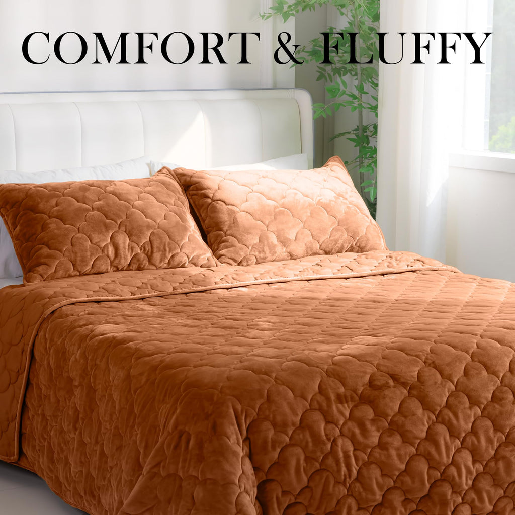 PlushHavenCloud Velvet Quilt Set Queen Size - Luxury Lightweight Velvet Bed Comforter & 2 Pillow Shams | Oversized Coverlet Bedspread 3 Piece | Oeko-TEX All Season Bedding Caramel