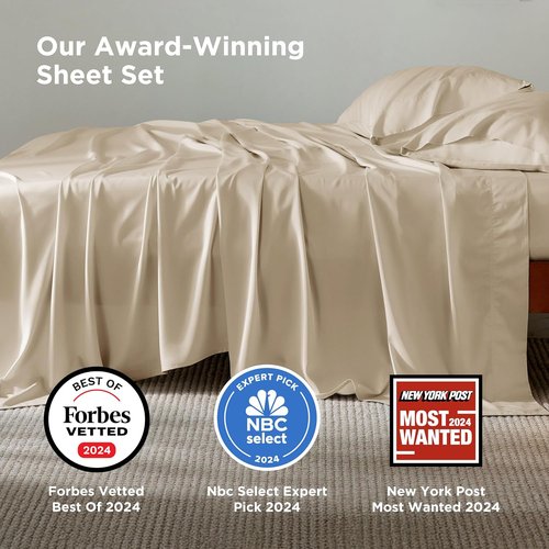 Bedsure Queen Sheet Set - Cooling Bamboo Sheets with Deep Pockets | Soft, Breathable Luxury Bedding in Beige