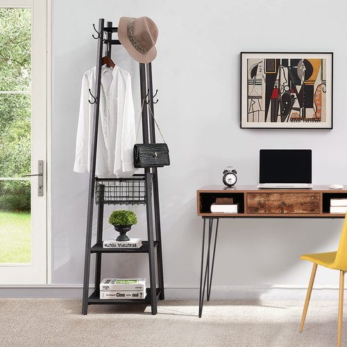 VECELO Coat Rack Freestanding,Hall Tree with Metal Basket and Storage Shelves,Industrial Coat Rack Stand with 8 Hooks for Hanging Coats/Hats/Bags/Umbrellas,18 x 18 x 72 In,Matte Black