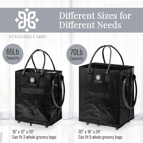 STANDARD CARRY Reusable Grocery Bag With Wheels | Foldable Rolling Tote With Handles | Zipper Closure | Waterproof | Carry up to 65Lbs [Medium, Black]