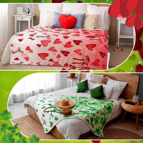 Breling Valentine's Day St. Patrick's Throw Flannel Blanket Double-Sided Printing Green Four-Leaf Clover Red Heart Throw Blanket with Holiday Themed Print for Gift Couch Sofa Bed Home Decor 60"x50"