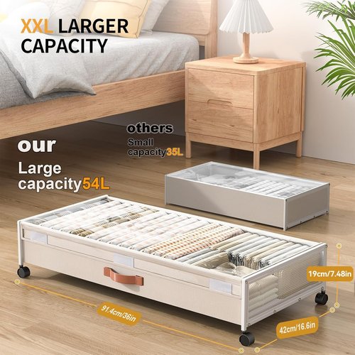 Under Bed Storage Containers with Wheels Large Underbed Shoes Blankets Clothes Toy Storage Drawers for College Dorms Bedrooms Nursery Rooms Organization (White 2 Pack, 7.5in height(36"x16.6"x7.48"))