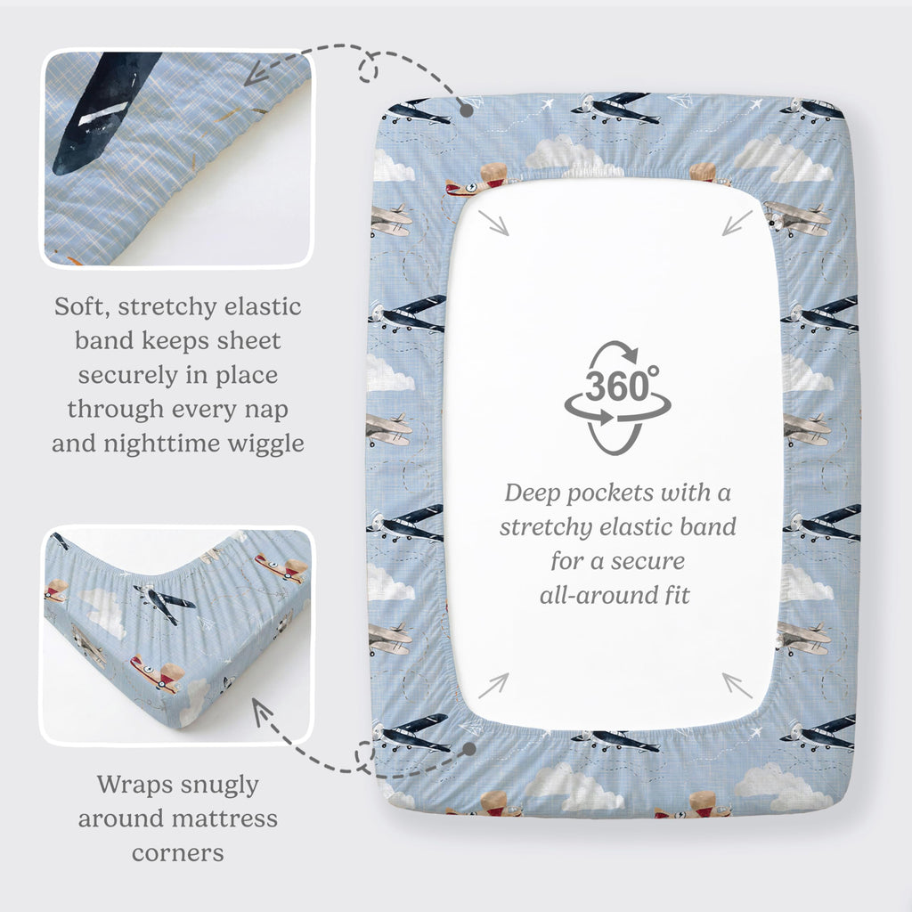 Pack and Play Sheets Fitted, Mini Crib Sheets for Graco Pack N Play Playard (38x26), Ultra Soft Cotton Blend, Safe & Snug Playpen Mattress Sheet for Baby Boys Girls, Airplane in The Clouds, 2-Pack