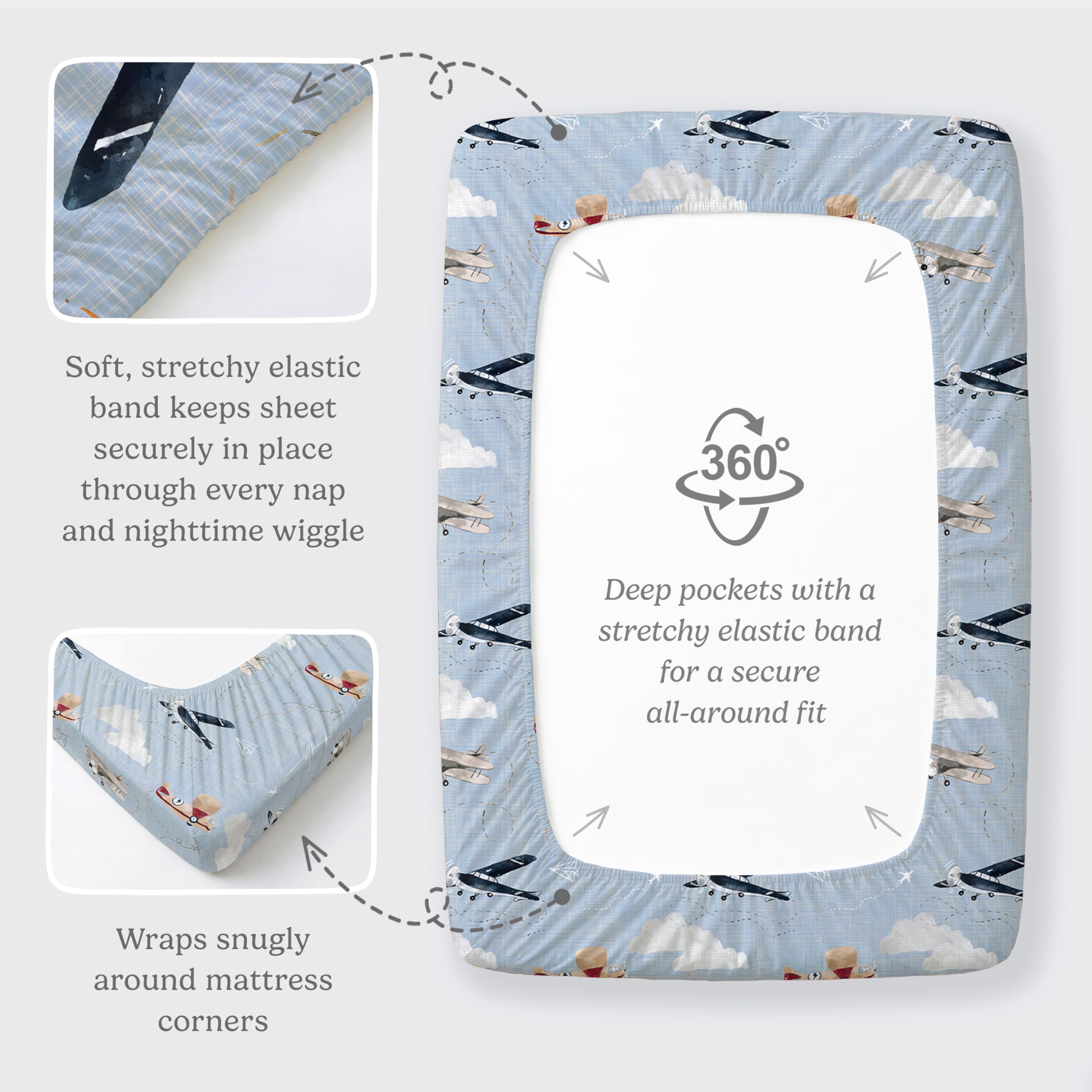 Pack and Play Sheets Fitted, Mini Crib Sheets for Graco Pack N Play Playard (38x26), Ultra Soft Cotton Blend, Safe & Snug Playpen Mattress Sheet for Baby Boys Girls, Airplane in The Clouds, 2-Pack