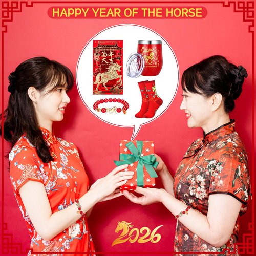 Skylety Chinese New Year 2026 Gifts Set Year of the Horse 2026 Gift with Tumbler Socks Red Envelope and Bracelets for Chinese New Years 2026 Men and Women Festive Gifts (Horse)