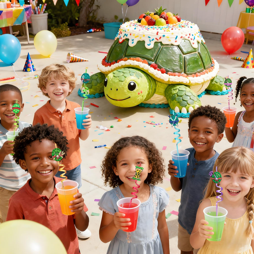 Reusable Ninja Green Turtles Themed Party Straws - 24 PCS Plastic Turtles Drinking Straws for Kids Birthday Party Decorations - Party Favors- Party Supplies with 2 Clean Brushes LEDUO