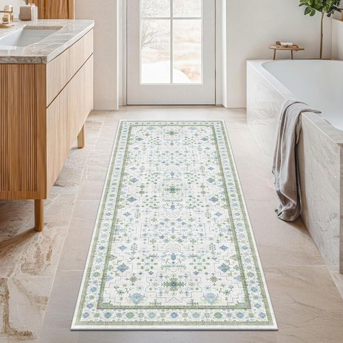 Hazo Haus Washable Oushak Bathroom Runner Rug - Eclectic Boho Floral Pastel, Non-Slip, Stain Resistant | 2x5 ft