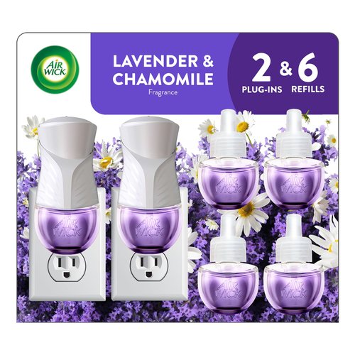 Air Wick Plug in Scented Oil Starter Kit, 2 Warmers + 6 Refills, Lavender & Chamomile, Eco Friendly, Essential Oils, Air Freshener