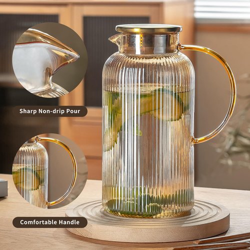 Buaic Glass Pitcher with Lid, 2 PACK 84 oz/ 2.5 Liter Amber Classic Vertical Stripes Water Pitcher,Glass Water Carafe for Cold Brew, Coffee, Lemonade, Iced Sun Tea,Beverage, Milk, Heat Resistant