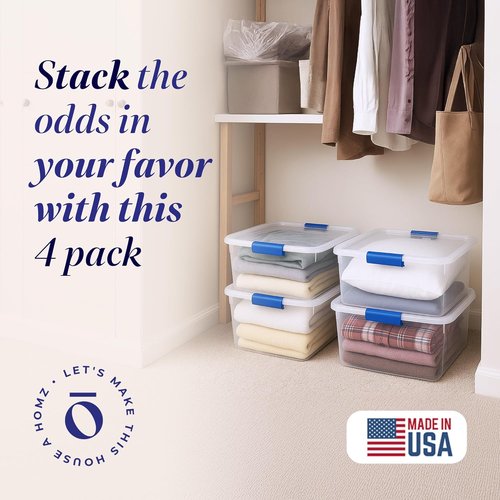 HOMZ 4-Pack Clear Plastic Storage Bins - 15.5 Quart Stackable Organizers for Home & Office