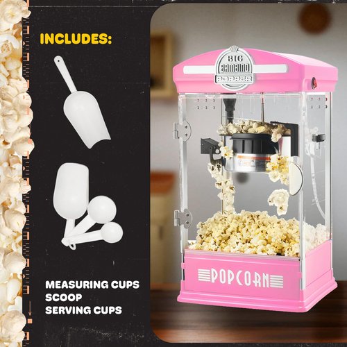 Big Bambino Popcorn Machine - Old-Fashioned Popcorn Maker with 4-Oz Kettle, Measuring Cups, Scoop, and Serving Cups by Great Northern Popcorn (Pink)