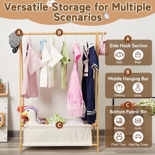 Bamnestor Bamboo Kids Clothing Rack with Storage Box - Foldable,Kids Dress Up Rack with Hooks & Rod, Organize Dress Up Storage & School Uniforms, Perfect for 4-13 Year Olds