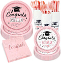 Whaline Graduation Paper Plates Set - 175 Pcs Pink Dinnerware for 25 Guests | Disposable Tableware & Napkins