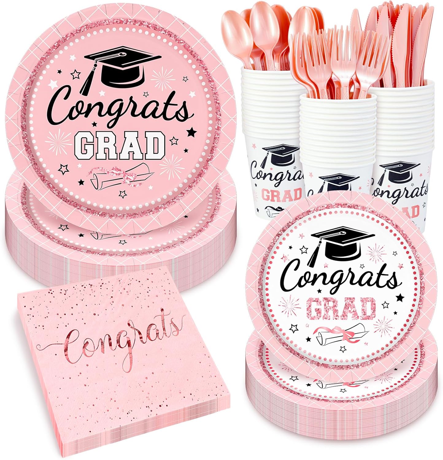 Whaline Graduation Paper Plates Set - 175 Pcs Pink Dinnerware for 25 Guests | Disposable Tableware & Napkins