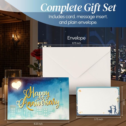 AJA Art Studio 3D Pop Up Anniversary Card for Husband or Wife - Happy Anniversary Cards for Couple with LED Lights and Romantic Music - Includes Message Insert and Plain Envelope - Paris Themed