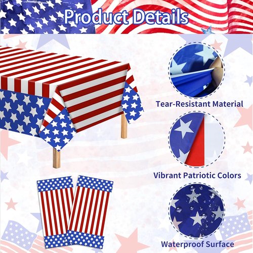 American Flag Tablecloths - 3 Pack of 54x108 Inch Disposable Covers for Patriotic Celebrations