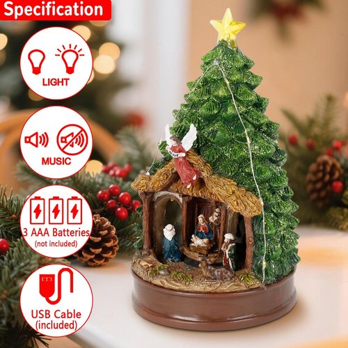 Innodept12 Christmas Tree Rotating Nativity Scene Figurines - Animated Holiday Decoration with Music, Angel & Star - 9.84" Collectible Tabletop Display